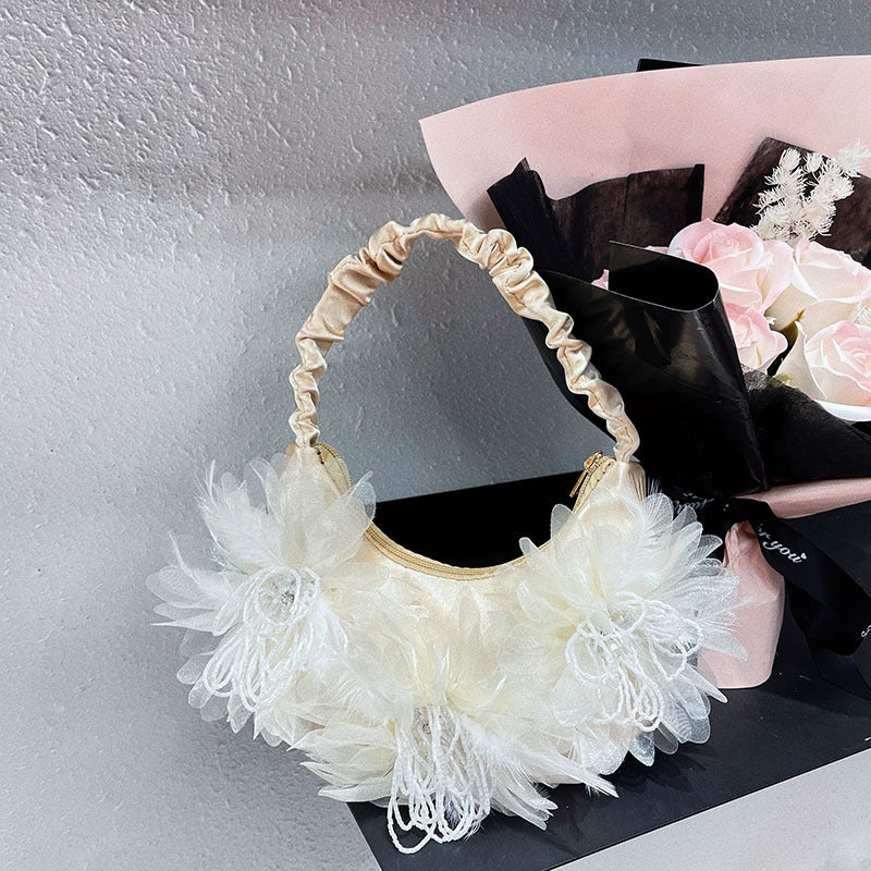 Sweet Socialite Exquisite Temperament Evening Bag Fashion Fresh Feather Flower Beaded Pleated Fashion Portable Underarm Bag - Image 5