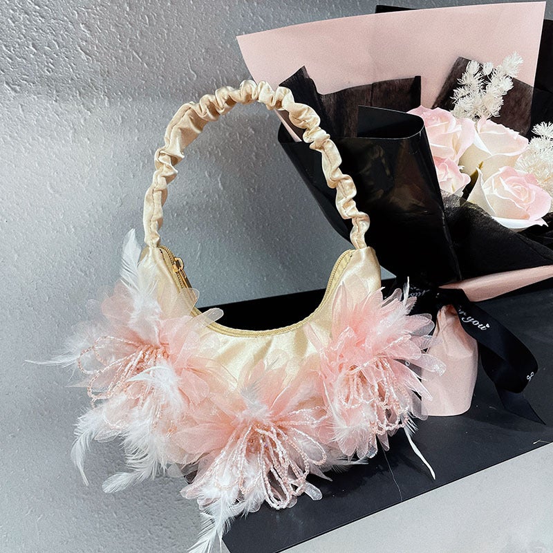 Sweet Socialite Exquisite Temperament Evening Bag Fashion Fresh Feather Flower Beaded Pleated Fashion Portable Underarm Bag - Image 3