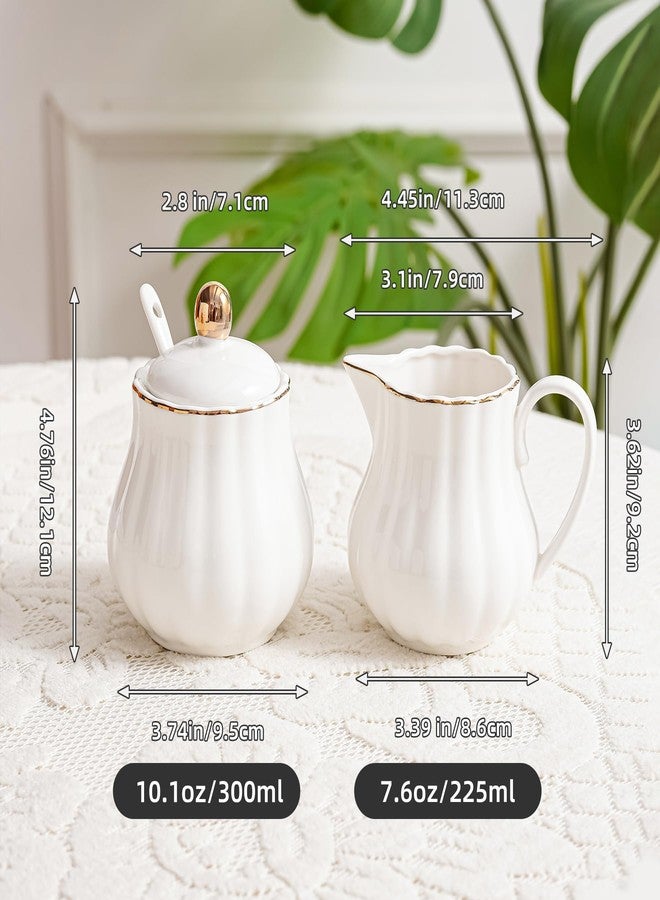 Agyiuns Ceramic Sugar and Creamer Set, 3 Piece Set with Cream Pitcher, Sugar Bowl, Sugar Set with Lid and Spoon (White with gold line) - Image 2