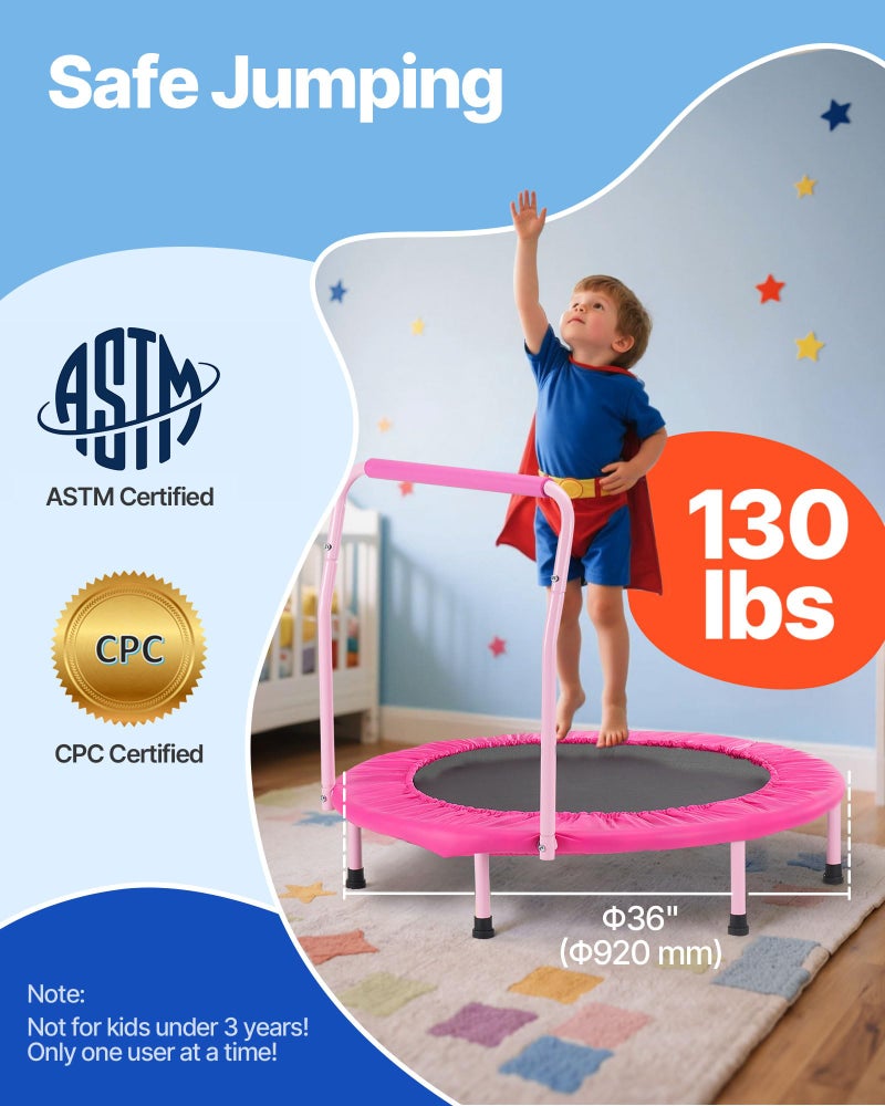 VEVOR 36" Kids Trampoline, 3FT Indoor Outdoor Trampolines, Foldable Jump Toy with Handle, Rebounder Trampoline for Toddlers, Birthday Gift for 3+ Years Children, Boys Girls for Fun, Pink - Image 2