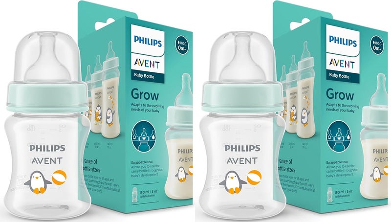 Avent Philips Avent Grow- Economy Feeding Plastic Bottles | Anti-Colic | Easy Fill,Easy Clean|BPA Free | with 0M+ Flow Teat | Made in India | SCF060/02 (150ml, Pack of 2) (Penguine with Beach Ball) - Image 1