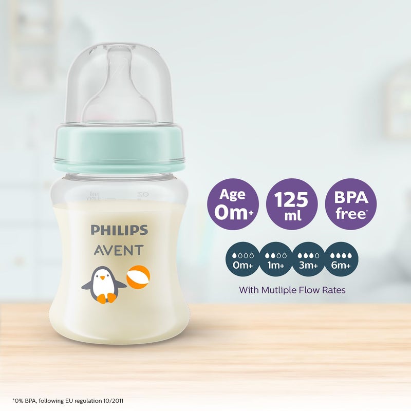 Avent Philips Avent Grow- Economy Feeding Plastic Bottles | Anti-Colic | Easy Fill,Easy Clean|BPA Free | with 0M+ Flow Teat | Made in India | SCF060/02 (150ml, Pack of 2) (Penguine with Beach Ball) - Image 2