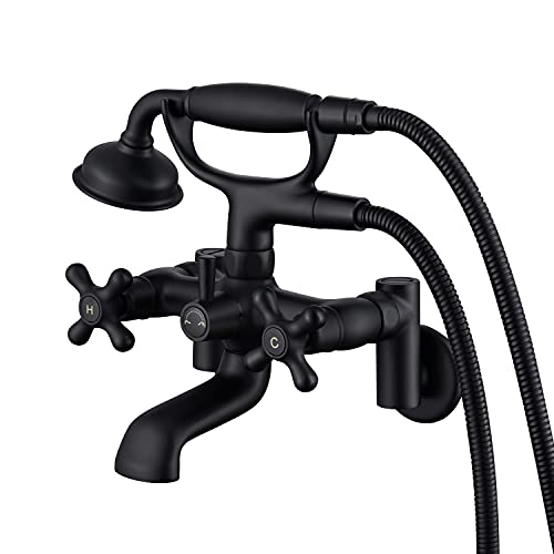 Hanallx Wall Mount Tub Faucet with Hand Shower 3 to 9in Center Vintage Matte Black Wall Mount Tub Filler Bathtub Faucet Set with Shower Diverter with Valve 8 in Center - Image 1
