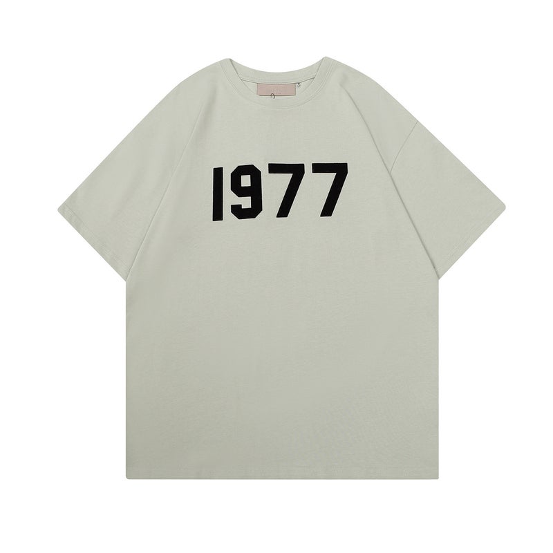 2022 1977 Flocking Letter Double Yarn Fabric Plus Size Loose High Street Fashion Brand Short Sleeve T-Shirt - Image 1