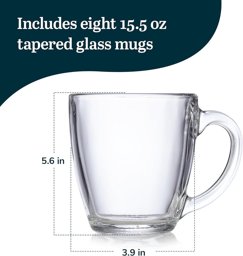 LIBBEY Tapered Glass Mug Set of 8, 15.5 Oz Thick, Clear Glass Coffee Cups w/ C-Shaped Handle, Dishwasher Safe Coffee Mugs Set for Tea, Cider and More - Image 3