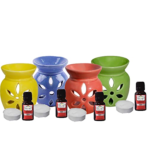 Ein Sof Pure Ceramic Aroma Burner, Pack of 4 Oil Diffuser with 4 Tealight and 4 5 ml Undiluted Aroma Oil, Ready-to-use Aroma Burner (Red & Yellow & Blue & Green) - Image 1