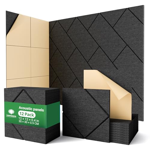 Topnaca Decorative Acoustic Soundproof Walls Panels for Room, 12 Pack Blcak Self Adhesive Sound Absorbing and Noise Reducing Tiles for Studio, Bedroom, Home Office, Ceiling, Pared, 12"x12"x0.4" - Image 1