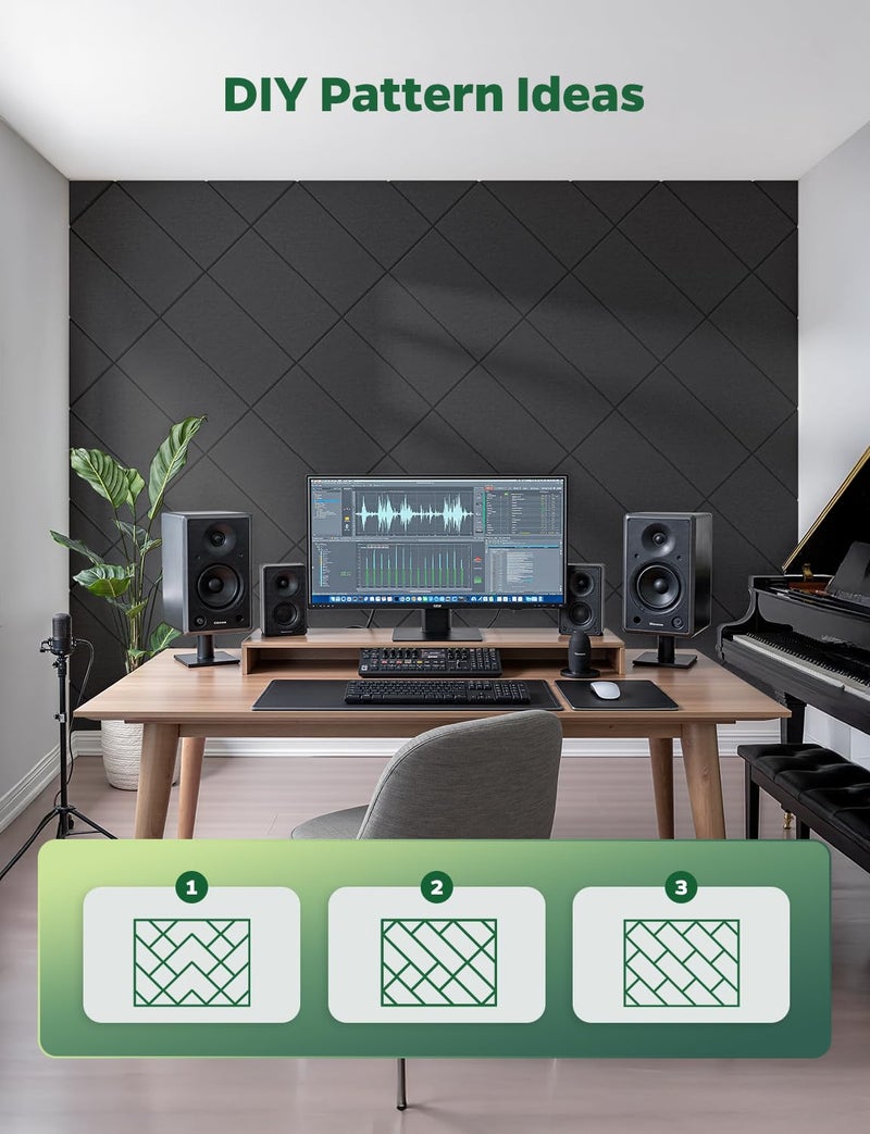Topnaca Decorative Acoustic Soundproof Walls Panels for Room, 12 Pack Blcak Self Adhesive Sound Absorbing and Noise Reducing Tiles for Studio, Bedroom, Home Office, Ceiling, Pared, 12"x12"x0.4" - Image 2