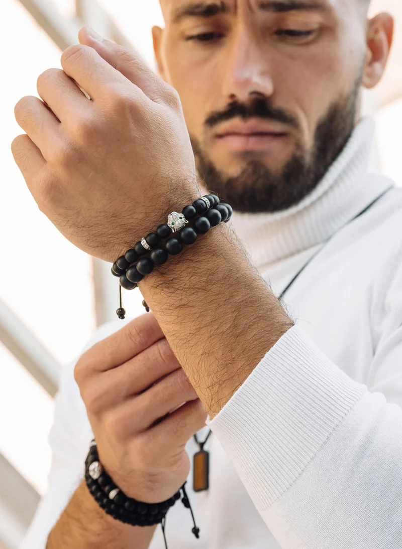 Lunnora Black Onyx Beads Handmade Natural Stone Bead Bracelet – Bracelet for Men, Men’s Bracelet, Gifts for Men, Bracelets for Men – With Silver Leopard Head, Adjustable One Size Fits All