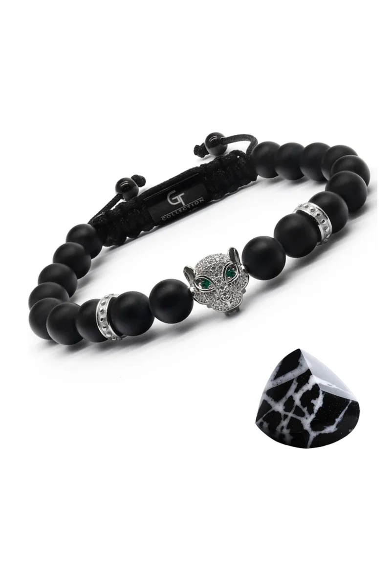 Lunnora Black Onyx Beads Handmade Natural Stone Bead Bracelet – Bracelet for Men, Men’s Bracelet, Gifts for Men, Bracelets for Men – With Silver Leopard Head, Adjustable One Size Fits All