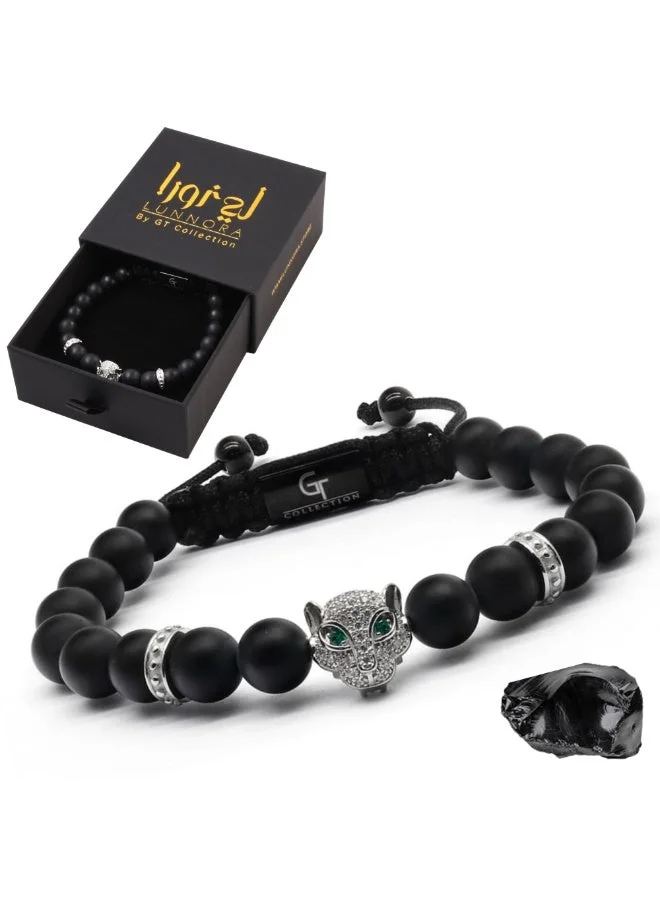 لونورا خرز العقيق الأسود سوار خرز من الحجر الطبيعي مصنوع يدويًا – سوار للرجال، سوار رجالي، هدية للرجال، أساور للرجال – مع رأس فهد فضي، قابل للتعديل بمقاس واحد للجميع