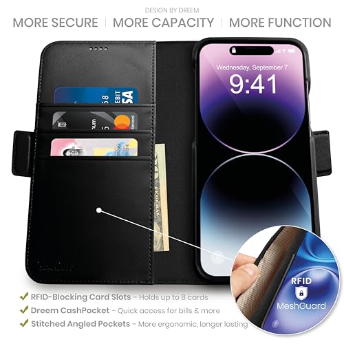 Dreem Wallet Case for iPhone 14 Pro Max 2 Way Phone Stand Magnetic Detachable Vegan Leather Flip Cover RFID Blocking Card Holder MagSafeFit Gift Box Fibonacci Black - Image 3