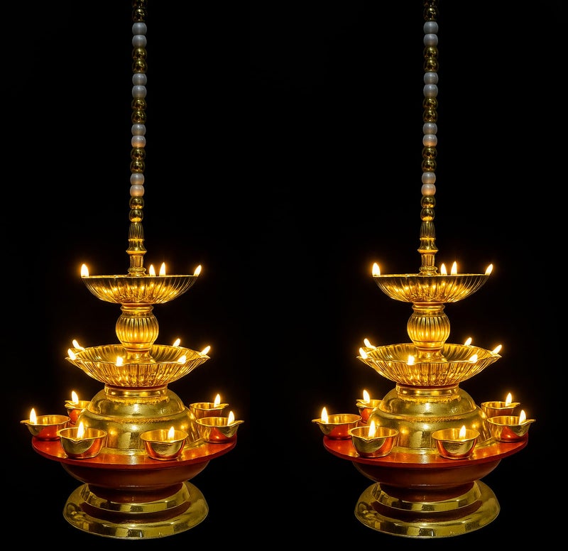 Nabhya Combo of 2 Hanging 19 Deep Double Step 3 Layer Electric Diya Deepam Light Pooja Diya Rice LED Light Mandir Diya for Home Temple Decor Electric Diya (19 Deep, Pack of 2) - Image 1