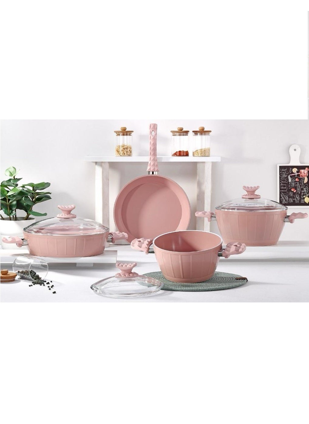 7-Piece Farah Cookware Set - Tempered Glass Lids - 2 Deep Pots - 1 Low Pot - 1 Frypan - Non-Stick Ceramic Surface - PFOA Free - Pink 