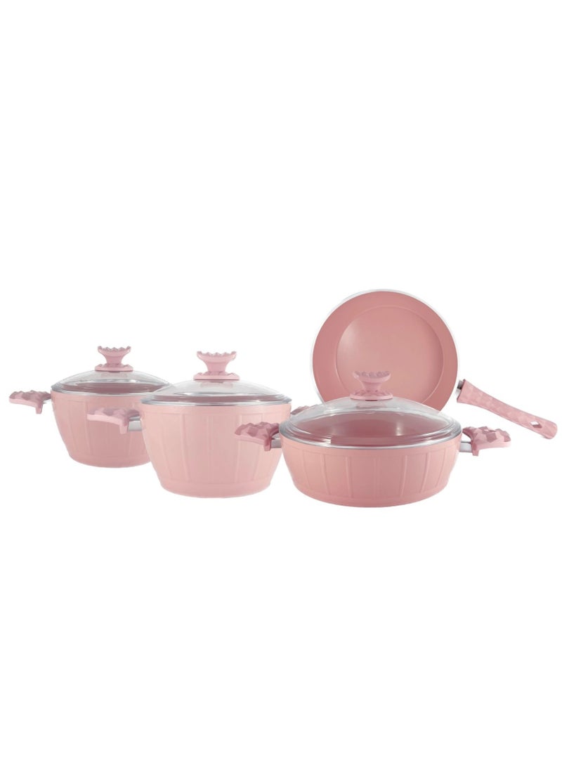 7-Piece Farah Cookware Set - Tempered Glass Lids - 2 Deep Pots - 1 Low Pot - 1 Frypan - Non-Stick Ceramic Surface - PFOA Free - Pink
