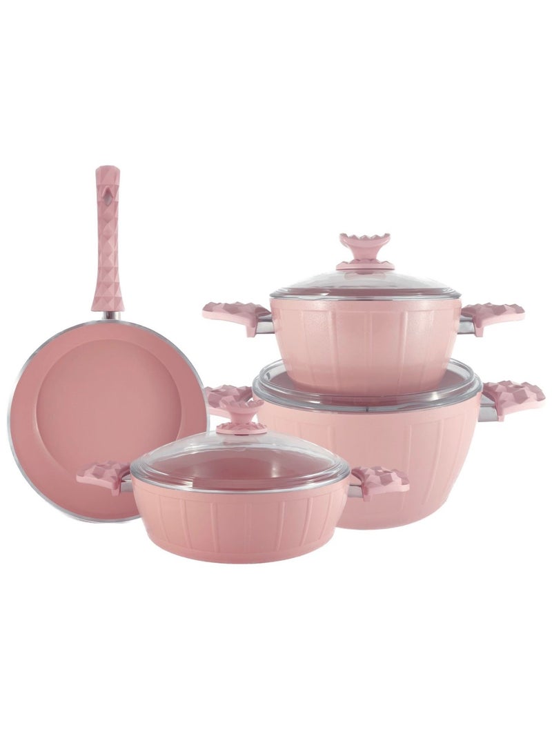 7-Piece Farah Cookware Set - Tempered Glass Lids - 2 Deep Pots - 1 Low Pot - 1 Frypan - Non-Stick Ceramic Surface - PFOA Free - Pink