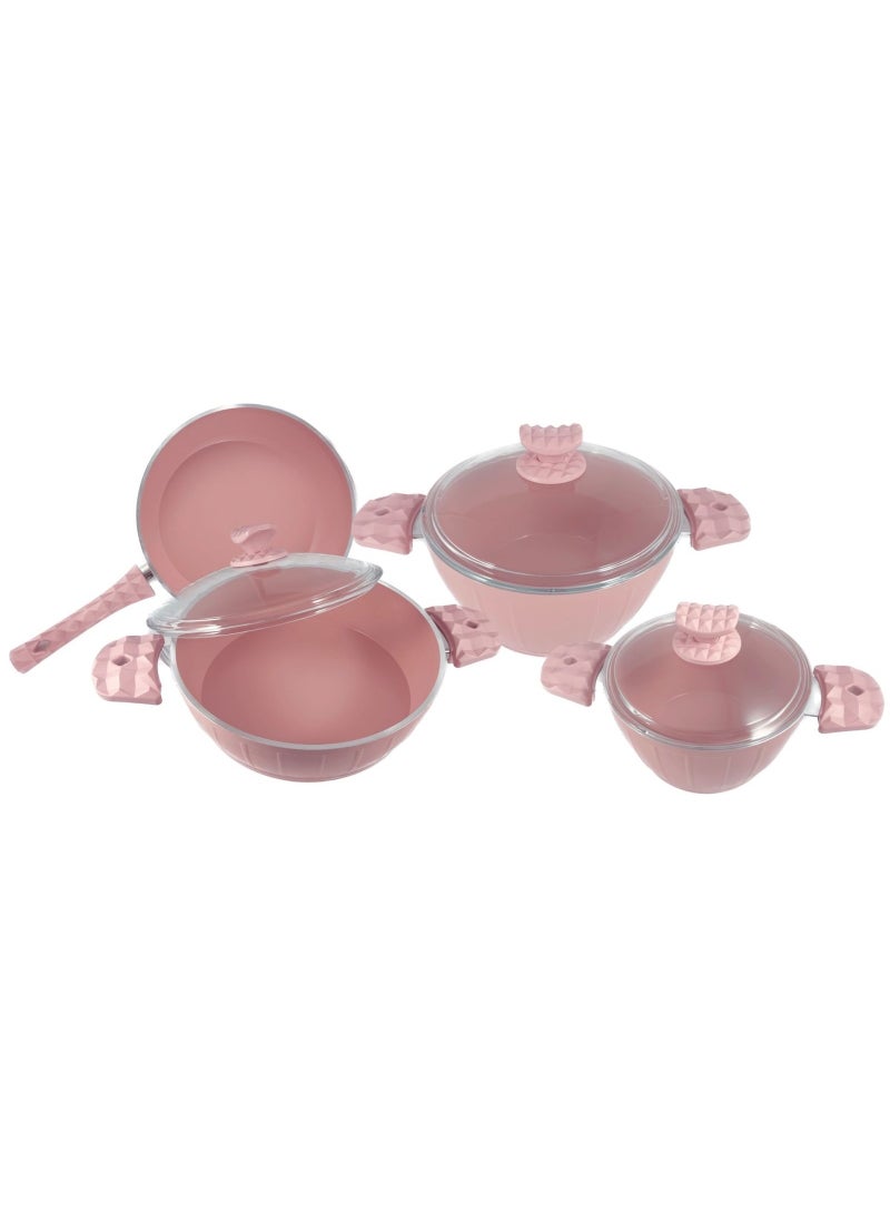 7-Piece Farah Cookware Set - Tempered Glass Lids - 2 Deep Pots - 1 Low Pot - 1 Frypan - Non-Stick Ceramic Surface - PFOA Free - Pink