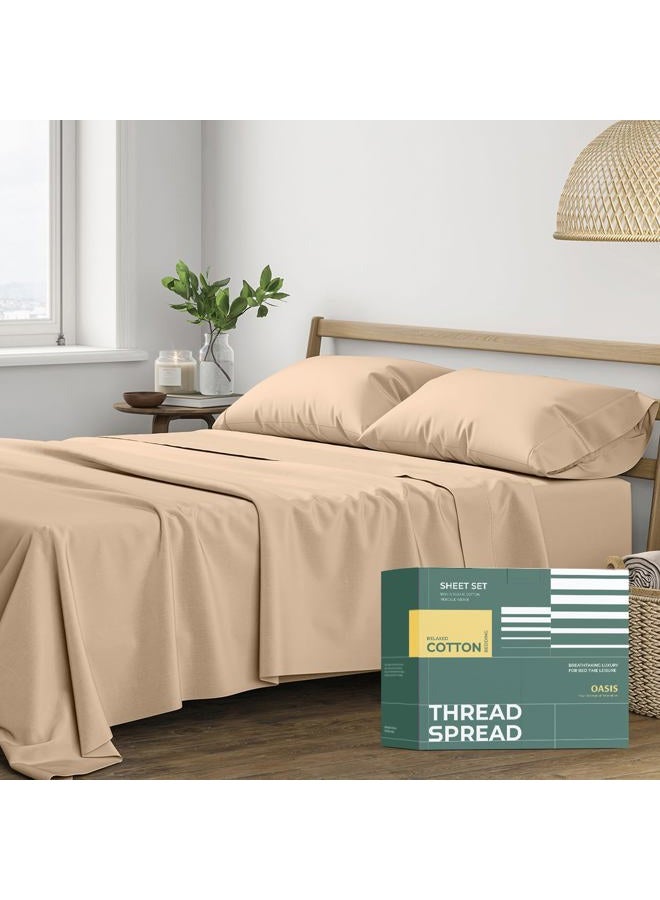 THREAD SPREAD 100% Organic Cotton Sheets Queen Size - 4 PC Organic Cotton Queen Size Percale Weave Sheet Set, Soft, Cooling, Crisp & Breathable, 16" Deep Pocket Hotel Quality Bedding Set - Taupe - Image 1