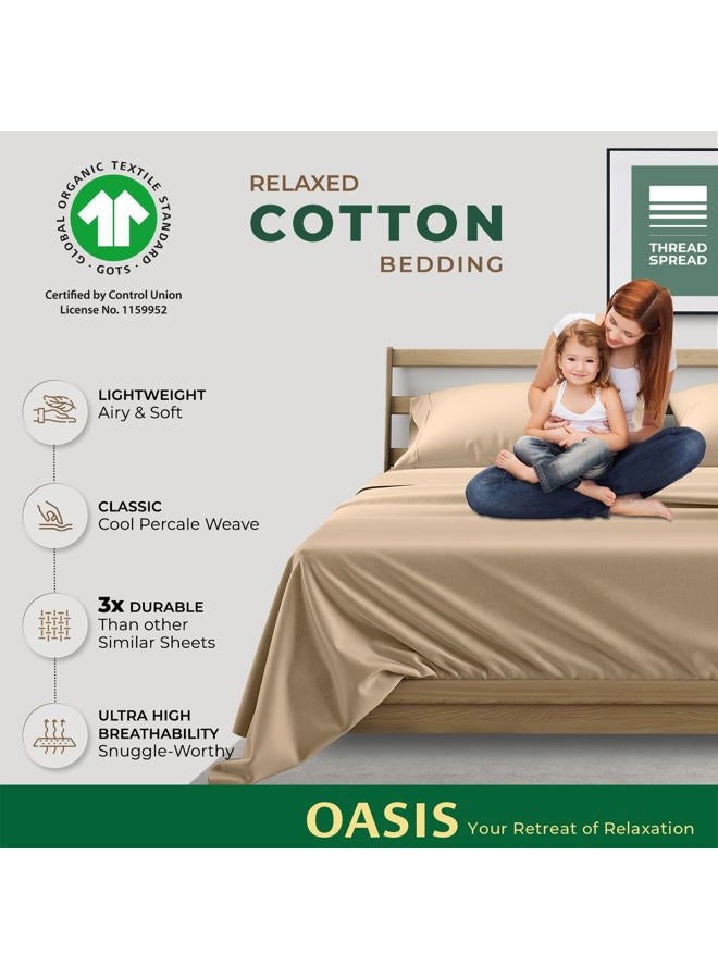 THREAD SPREAD 100% Organic Cotton Sheets Queen Size - 4 PC Organic Cotton Queen Size Percale Weave Sheet Set, Soft, Cooling, Crisp & Breathable, 16" Deep Pocket Hotel Quality Bedding Set - Taupe - Image 2