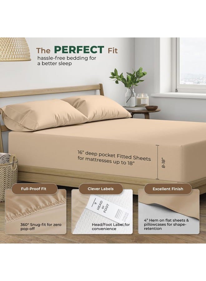 THREAD SPREAD 100% Organic Cotton Sheets Queen Size - 4 PC Organic Cotton Queen Size Percale Weave Sheet Set, Soft, Cooling, Crisp & Breathable, 16" Deep Pocket Hotel Quality Bedding Set - Taupe - Image 4