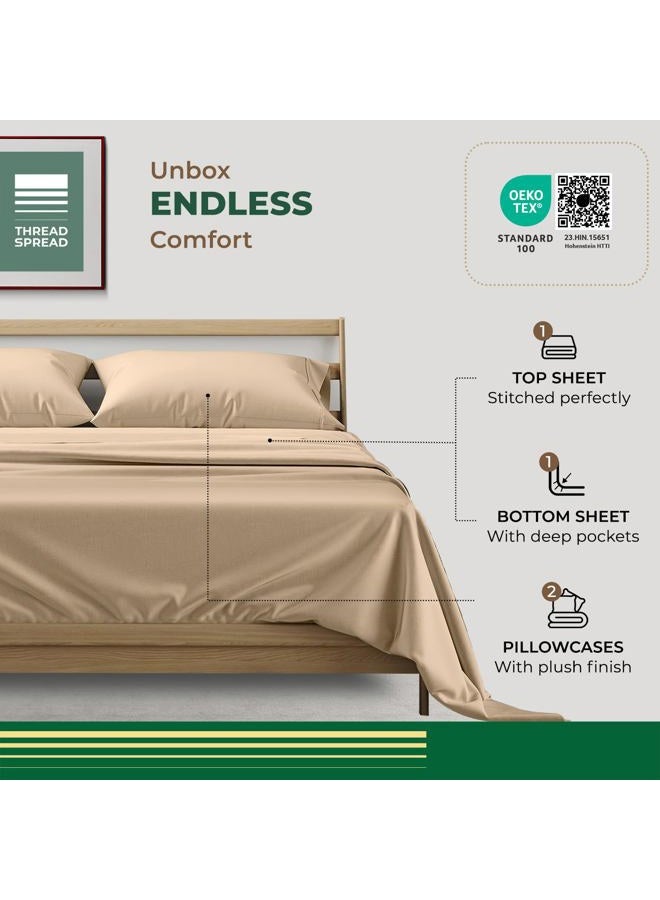 THREAD SPREAD 100% Organic Cotton Sheets Queen Size - 4 PC Organic Cotton Queen Size Percale Weave Sheet Set, Soft, Cooling, Crisp & Breathable, 16" Deep Pocket Hotel Quality Bedding Set - Taupe - Image 3