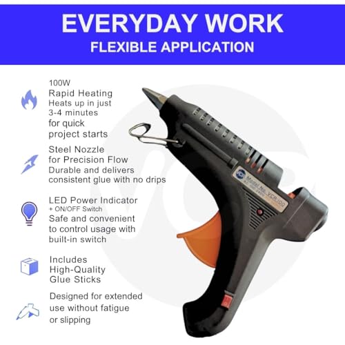 VCR 100W Professional Hot Melt Glue Gun for Crafting & DIY Purpose - 100 Watts - ON/Off Switch for Precise Glue Output - Easy To Use Black Glue Gun + 10 Transparent - 11mm Glue Sticks - VCR 100 - Image 4