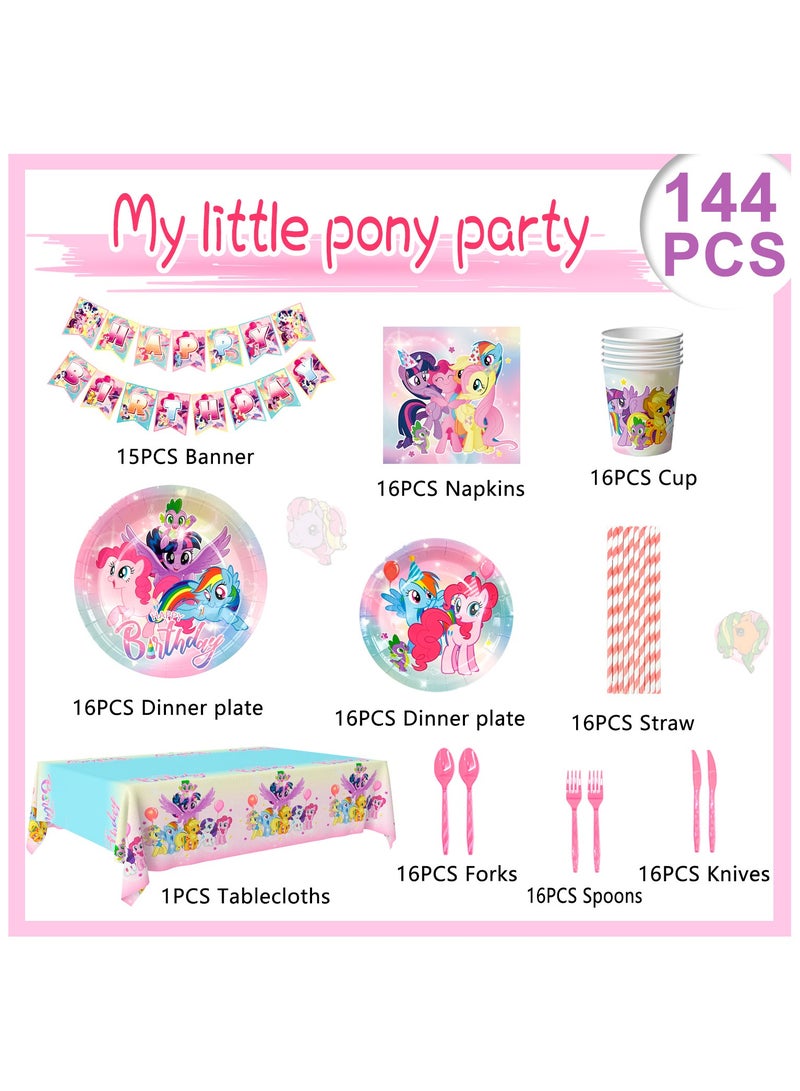 144 Pcs My Little Pony Birthday Party Decorations for 16 Guests, My Little Pony Disposable Tableware Set