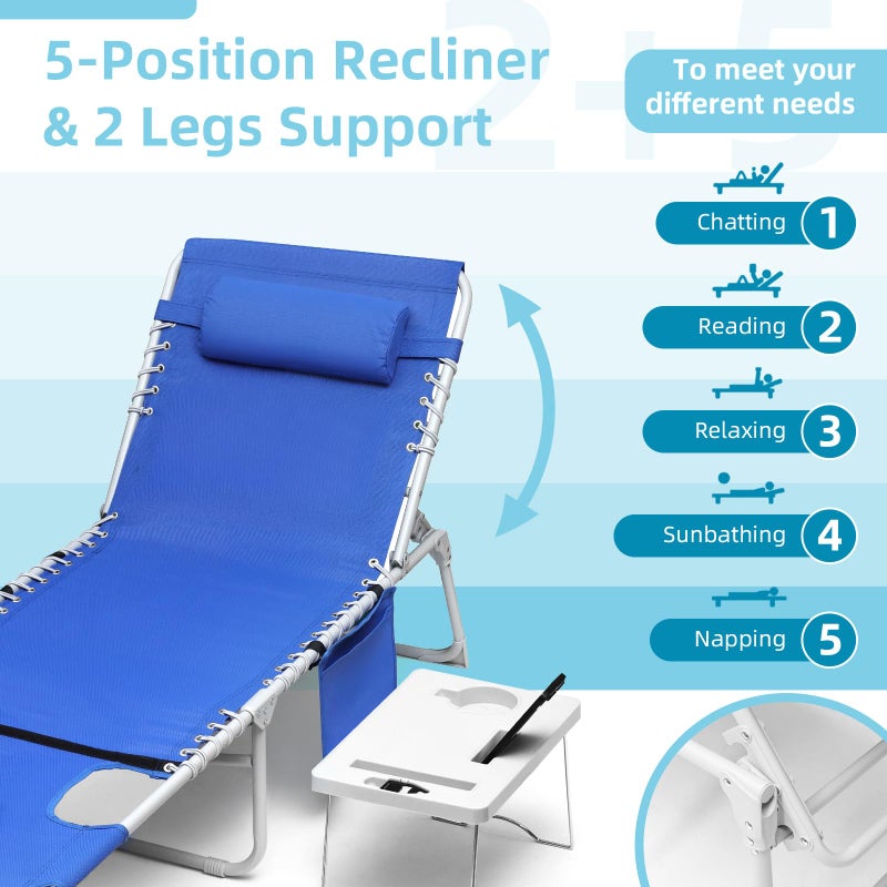 Yestomo 3-in-1 Sun Tanning Chair with Face Holes, Breathable Chaise Lounge Chair Outdoor, 5-Position Recliner, Lay Flat, Folding Side Table, Removable Pillow, Max 330lbs, Beach, Patio, Camping, Blue - Image 5