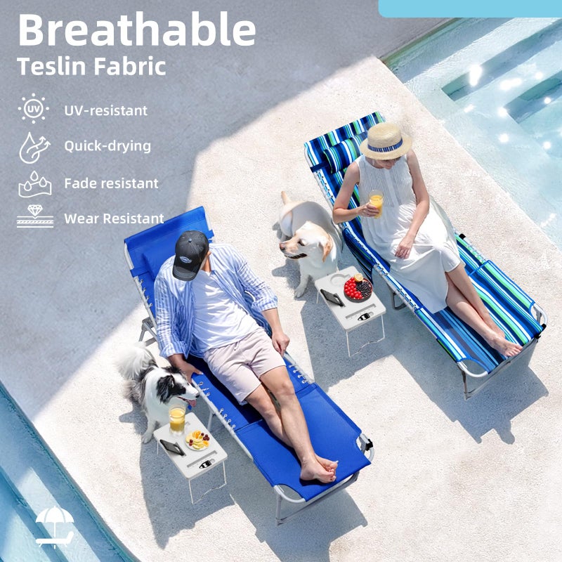 Yestomo 3-in-1 Sun Tanning Chair with Face Holes, Breathable Chaise Lounge Chair Outdoor, 5-Position Recliner, Lay Flat, Folding Side Table, Removable Pillow, Max 330lbs, Beach, Patio, Camping, Blue - Image 2