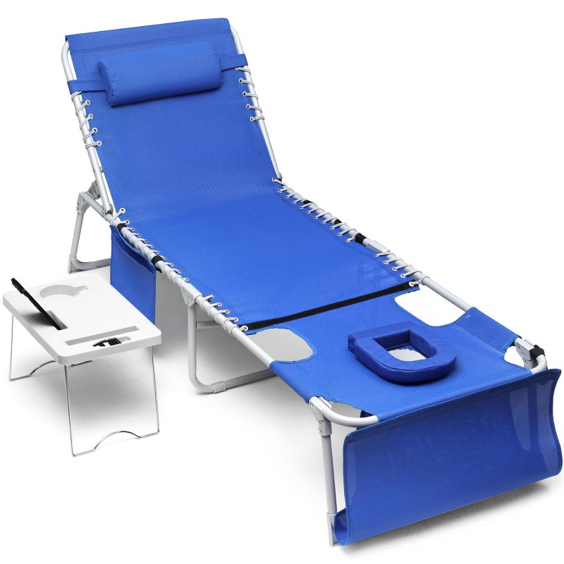 Yestomo 3-in-1 Sun Tanning Chair with Face Holes, Breathable Chaise Lounge Chair Outdoor, 5-Position Recliner, Lay Flat, Folding Side Table, Removable Pillow, Max 330lbs, Beach, Patio, Camping, Blue - Image 1