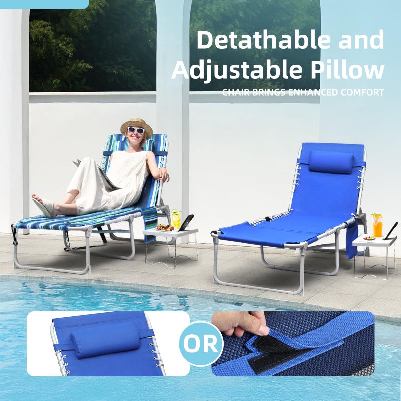 Yestomo 3-in-1 Sun Tanning Chair with Face Holes, Breathable Chaise Lounge Chair Outdoor, 5-Position Recliner, Lay Flat, Folding Side Table, Removable Pillow, Max 330lbs, Beach, Patio, Camping, Blue - Image 4