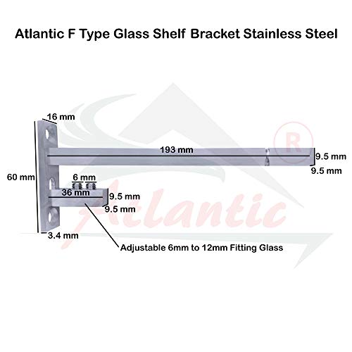 Atlantic F Type Glass Shelf Bracket 8 inch (Stainless Steel, Silver Matt Finish, Adjustable 6/8/10/12 mm, Pack of 2 Piece) - Image 3