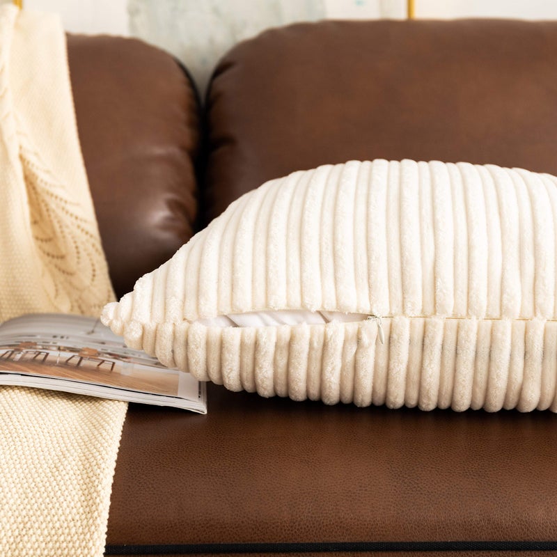 UGS UGASA UGASA Pack of 2, Velvet Pillow Covers Striped, Soft Textured Throw Cushion Case Set, Accent Corduroy Lumbar Pillowcases with Hidden Zipper for Home Decor Indoor Outdoor (12"x20", Cream) - Image 3