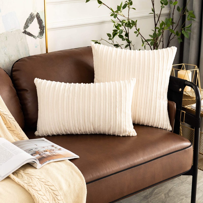 UGS UGASA UGASA Pack of 2, Velvet Pillow Covers Striped, Soft Textured Throw Cushion Case Set, Accent Corduroy Lumbar Pillowcases with Hidden Zipper for Home Decor Indoor Outdoor (12"x20", Cream) - Image 2