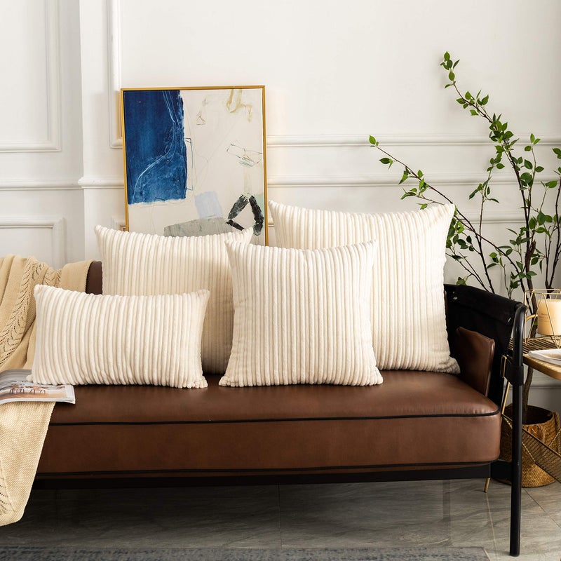 UGS UGASA UGASA Pack of 2, Velvet Pillow Covers Striped, Soft Textured Throw Cushion Case Set, Accent Corduroy Lumbar Pillowcases with Hidden Zipper for Home Decor Indoor Outdoor (12"x20", Cream) - Image 5