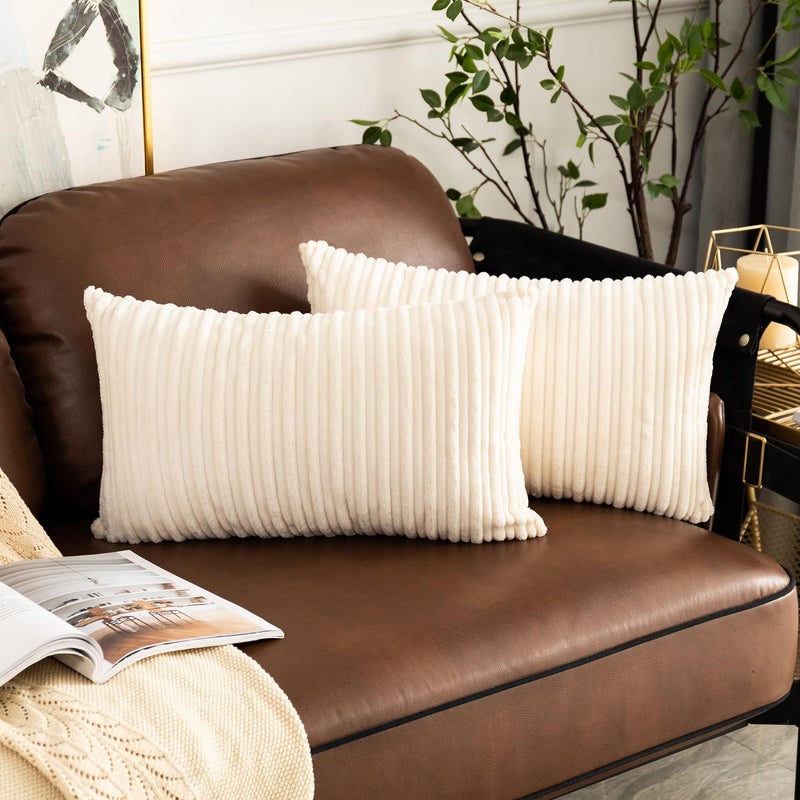 UGS UGASA UGASA Pack of 2, Velvet Pillow Covers Striped, Soft Textured Throw Cushion Case Set, Accent Corduroy Lumbar Pillowcases with Hidden Zipper for Home Decor Indoor Outdoor (12"x20", Cream) - Image 1