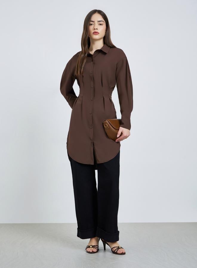 Styli Brown Fold Pleat Longline Shirt - Image 4