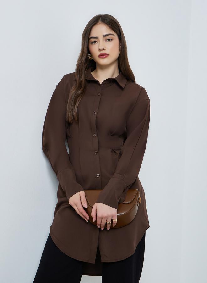 Styli Brown Fold Pleat Longline Shirt - Image 1