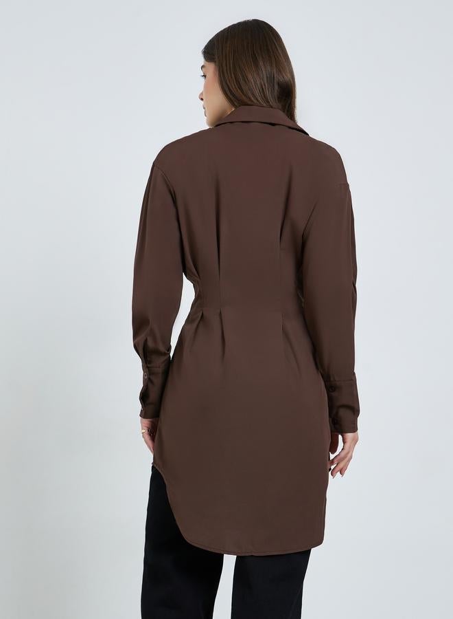 Styli Brown Fold Pleat Longline Shirt - Image 3