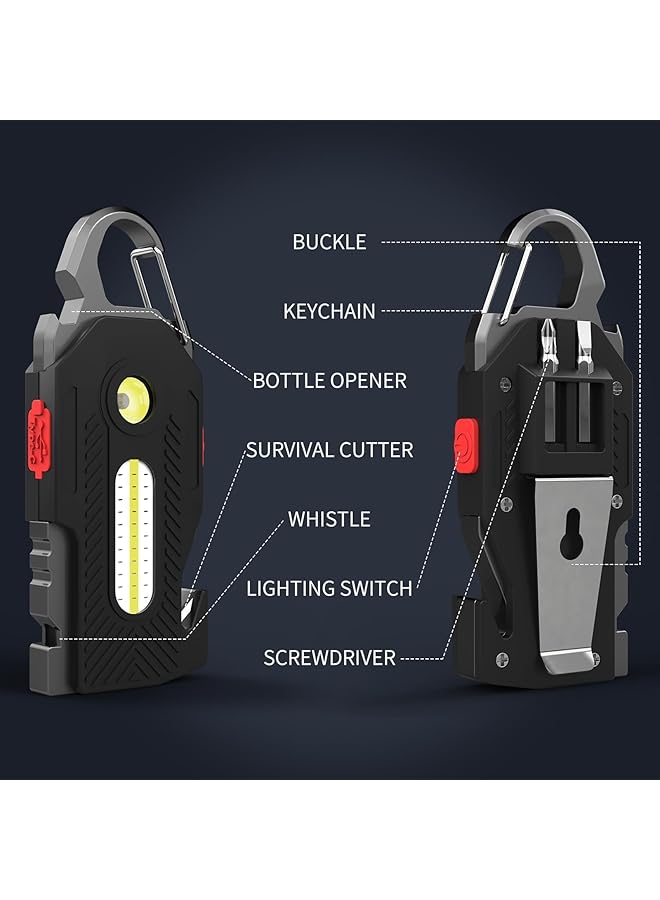 Excefore Keychain Flashlight Rechargeable Flashlights 7 in 1 Mini COB Keychain Work Light 6 Lighting Modes with Bottle Opener Screwdriver Survival Whistle for Camping Fishing Hiking Emergency - Image 3