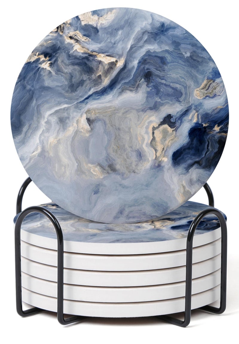 Hoomey Set Of 6 Abstract Navy Blue Marble Coasters With Holder  Absorbent Ceramic Drink Coasters For Table Protection  Housewarming Gifts For New Home - Image 1