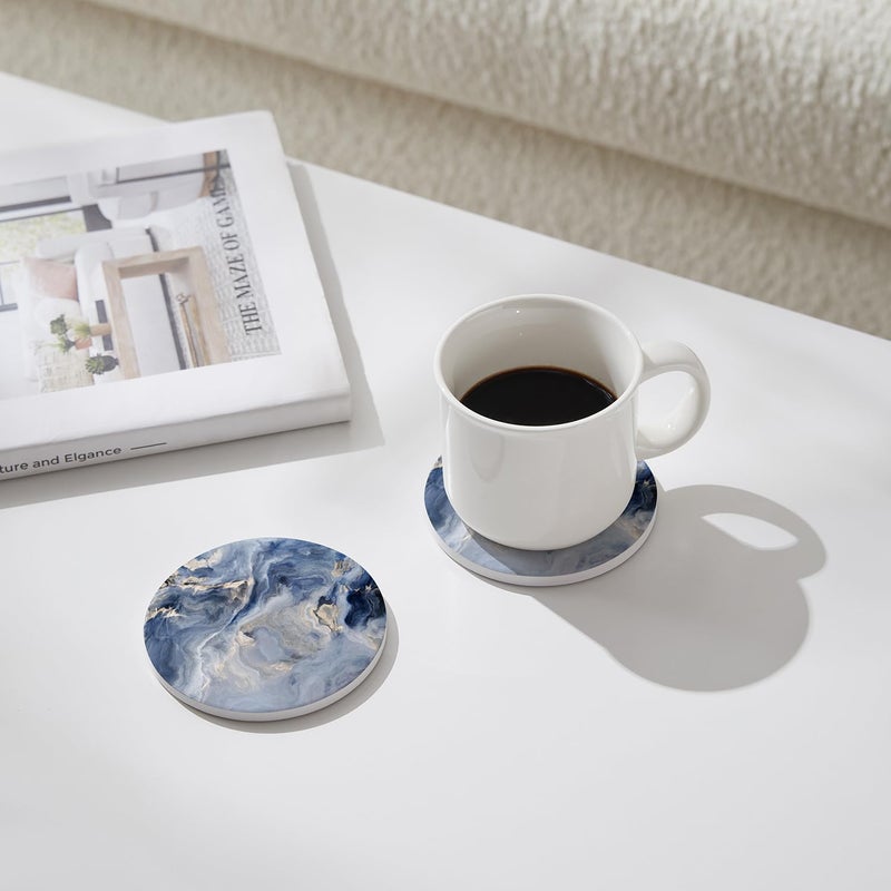 Hoomey Set Of 6 Abstract Navy Blue Marble Coasters With Holder  Absorbent Ceramic Drink Coasters For Table Protection  Housewarming Gifts For New Home - Image 3