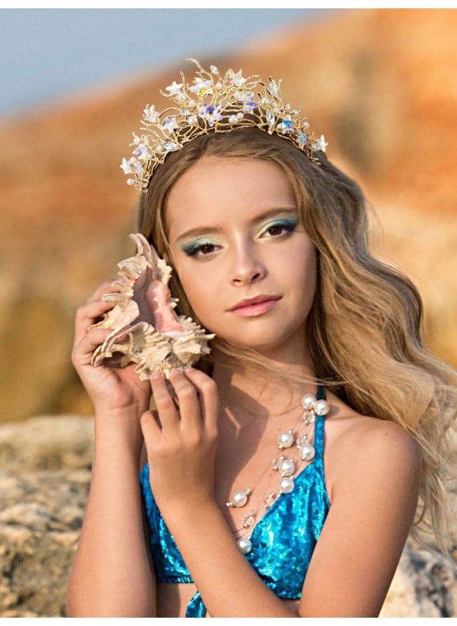 SWEETV - Weetv Mermaid Tiara For Girls Women Gold Princess Crown Diadem Jeweled Headpiece Costume Hair Accessories For Birthday Prom Quinceanera Halloween - Image 1