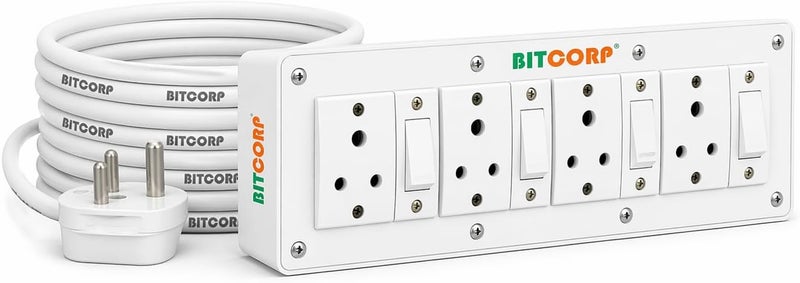 BITCORP شريط طاقة 4 مقابس 4 مفاتيح، لوحة تمديد 6 أمبير 1500 واط مع حماية من التيار الزائد، سلك بطول 2 متر للمنزل، المكتب، الثلاجة، المبرد، الكمبيوتر، مكيف الهواء (أبيض) 220 فولت - Image 1