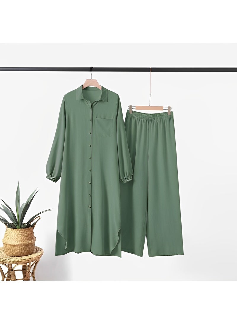 REOCLE Women's Muslim 2 Pieces Sets Long Sleeve Button Down Shirt and Pants Abaya Casual Dress Dubai Outfits - Image 2