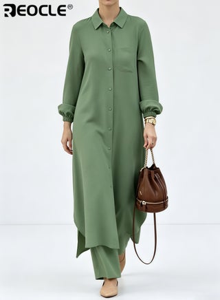 Women's Muslim 2 Pieces Sets Long Sleeve Button Down Shirt and Pants Abaya Casual Dress Dubai Outfits - view 4