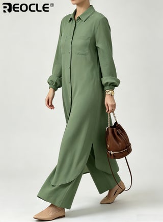 Women's Muslim 2 Pieces Sets Long Sleeve Button Down Shirt and Pants Abaya Casual Dress Dubai Outfits - view 3