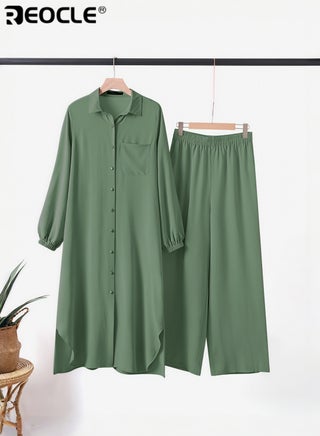 Women's Muslim 2 Pieces Sets Long Sleeve Button Down Shirt and Pants Abaya Casual Dress Dubai Outfits - view 5