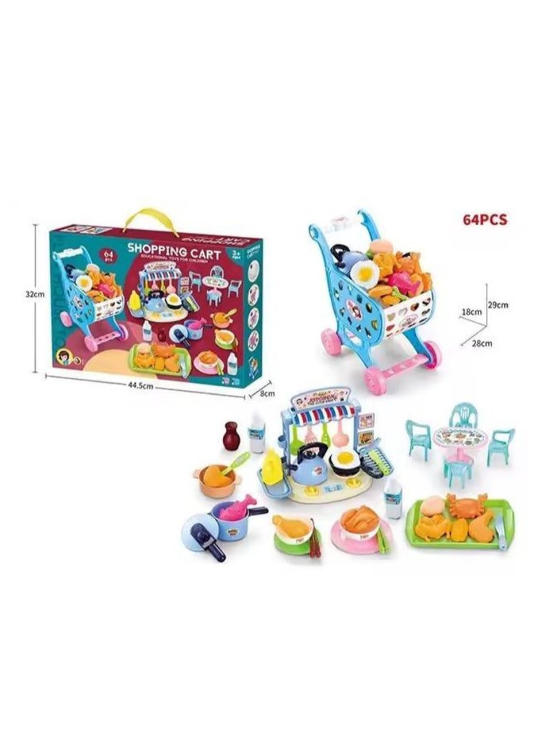 Educational shopping cart for children - contains 64 fun pieces for learning about cooking and shopping! Colorful and attractive design to develop play skills and imagination for children aged 3 and up. - Image 1