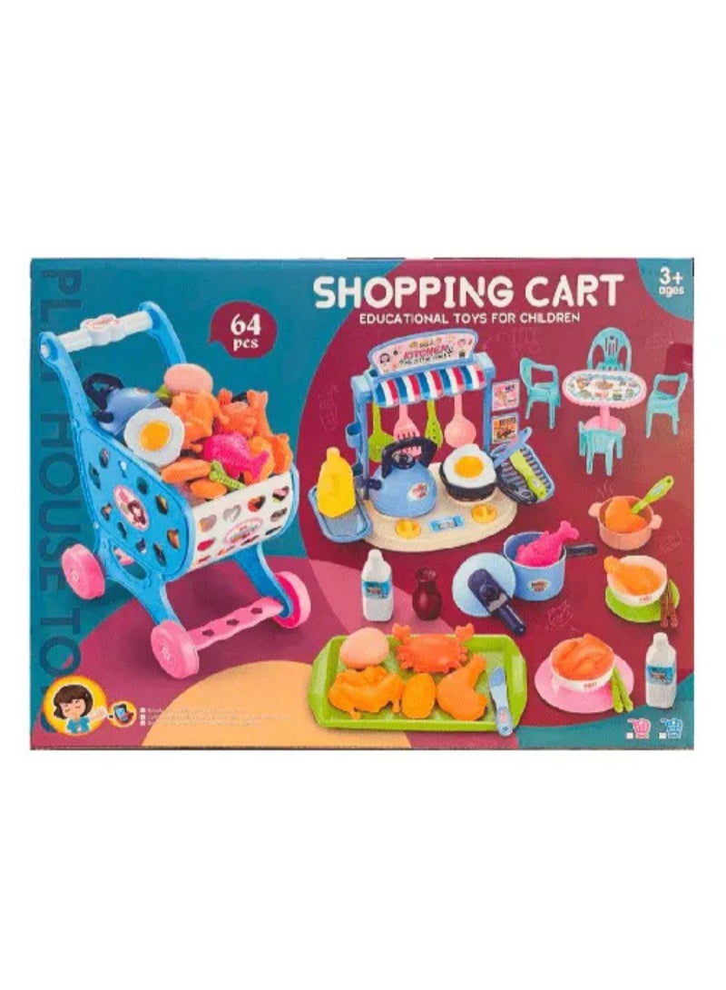 Educational shopping cart for children - contains 64 fun pieces for learning about cooking and shopping! Colorful and attractive design to develop play skills and imagination for children aged 3 and up. - Image 3